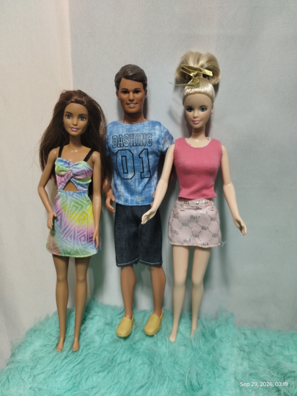 Barbie Doll Trio with Pink Top, Multicolor Dress & Blue Tee